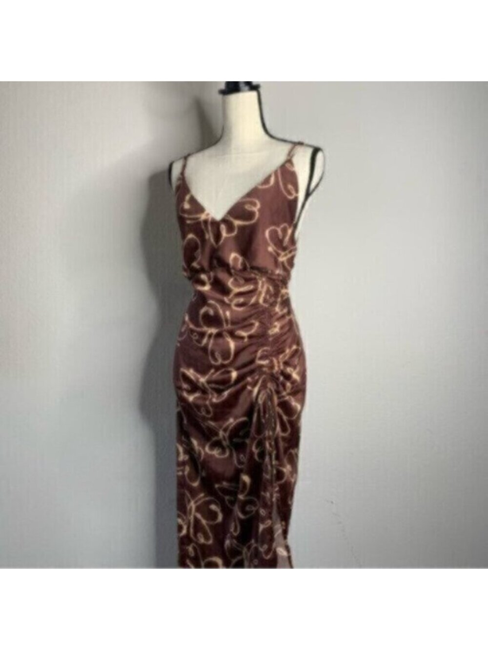 Urban Outfitters Brown & Cream Plunged Neckline Midi Dress - Picture 11 of 16